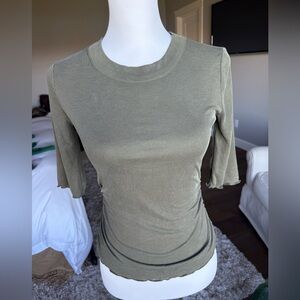 Free People XS Olive Half Sleeve Ribbed Ruffle Edge Fitted Top